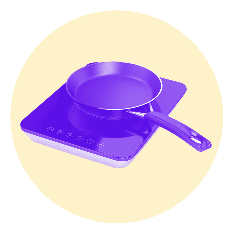 Yellow circle with a purple icon of a portable induction cooktop inside. There is a nonstick pan on top of the cooktop.